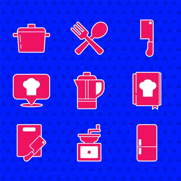 Set Teapot, Manual coffee grinder, Refrigerator, Cookbook, Cutting board and meat chopper, Chef hat with location, Meat and Cooking icon. Vector — 스톡 벡터