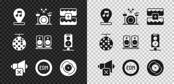 Set Musik Note, Ton, Schlagzeug, Wave Equalizer, Speaker Mute, EDM elektronische Tanzmusik, Schallplatte, Discokugel und Stereo-Lautsprecher-Symbol. Vektor — Stockvektor