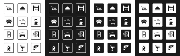 Установить кровать в гостиничном номере, Covered with tray of food, Bathtub, Trolley чемодан, Concierge, Lift and Mobile wi-fi wireless icon. Вектор — стоковый вектор
