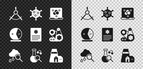 Drawing compass, Virus, Chemical formula, Cloud with rain, Test tube, Power station plant, Atom and Patient record icon. Vector — 스톡 벡터