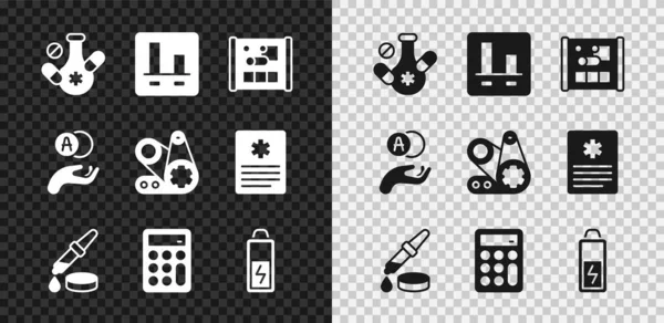 Set Medikamentenpille, Diagramm-Infografik, Grafikpapier für Engineering, Pipette, Taschenrechner, Batterie, Atom- und Zahnriemen-Kit-Symbol. Vektor — Stockvektor