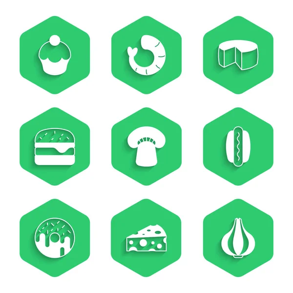 Set Mushroom, Cheese, Garlic, Hotdog, Donut, Burger, and Muffin icon. Vector — Stock Vector