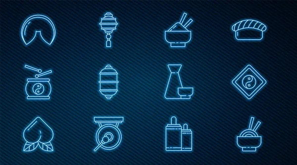 Set line asijské nudle v misce, Yin Yang, rýže s hůlkou, čínské papírové lucerny, buben, koláček štěstí, čajový obřad a ikona. Vektor — Stockový vektor