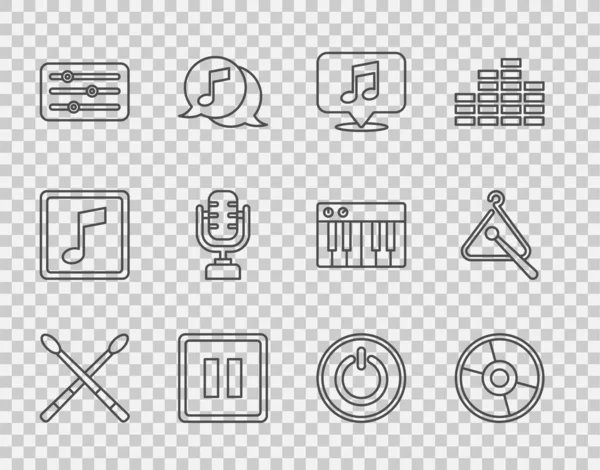 Set line Drum sticks, CD or DVD disk, Musical note in speech bubble, Pause button, Sound mixer controller, Microphone, Power and Triangle musical instrument icon. Vector — Stock Vector