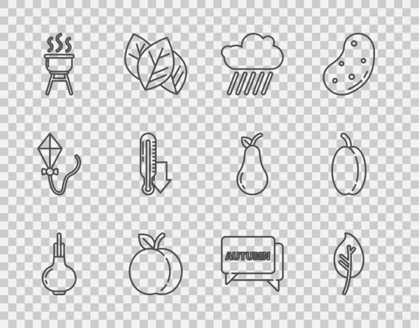 Визначте лінії Onion, Leaf або листя, Cloud з дощем, фруктами Peach, Barbecue grill, Meteorology thermometer, Speech bubble text осінь і Plum іконку. Вектор — стоковий вектор