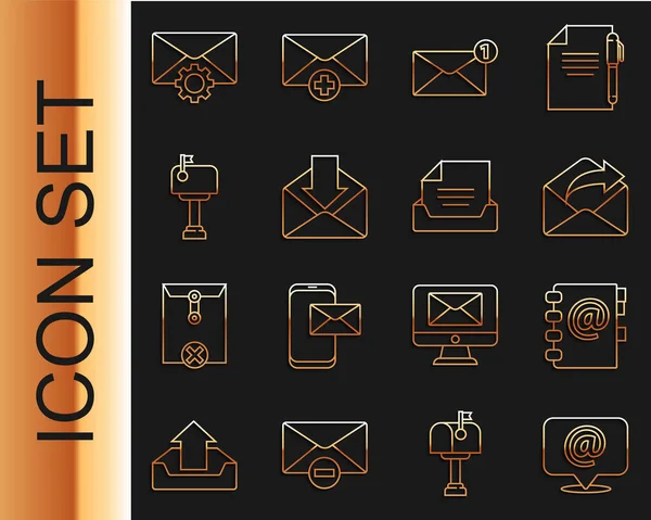 Zeile Mail und E-Mail auf Sprechblase, Adressbuch, Ausgang, Umschlag, Kasten, Einstellung und Schublade mit Dokumentsymbol einstellen. Vektor — Stockvektor
