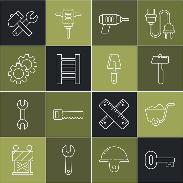 Set line Old key, Shovel, Hammer, Electric drill machine, Wooden staircase, Gear, and wrench spanner and Trowel icon. Vector