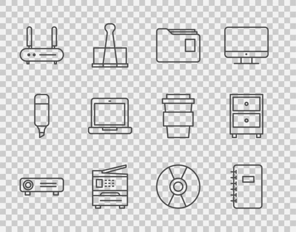 Set line Film, film, media projector, Spiraal notebook, Document map, Printer, Router en wi-fi signaal, Laptop, CD DVD disk en lade met documenten icoon. Vector — Stockvector