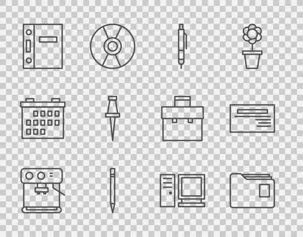Set line kávovar, složka dokumentů, pero, tužka s gumou, kancelářské složky, Push pin, monitor počítače a ikona vizitka. Vektor — Stockový vektor
