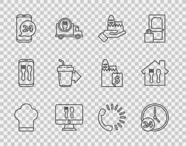 Set line Kochmütze, Uhr 24 Stunden, Online-Bestellung und Lieferung, Essen, Kaffeetasse to go und Symbol. Vektor — Stockvektor