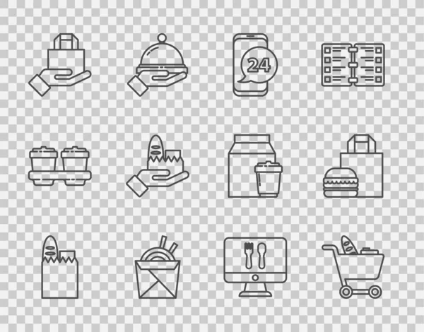 Ρυθμίστε τη γραμμή τσάντα αγορών και τροφίμων, καλάθι, παραγγελία τροφίμων, ασιατικά noodles chopsticks, Online παράδοση, και το εικονίδιο burger. Διάνυσμα — Διανυσματικό Αρχείο