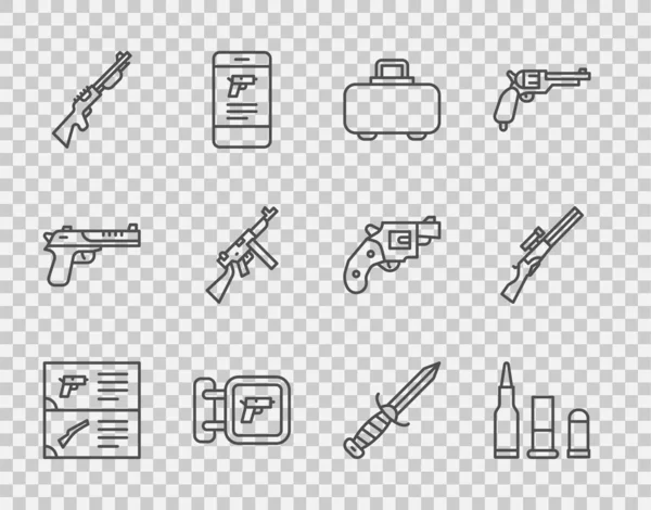 Сетевой каталог оружия, пуля, футляр, оружие охотничьего магазина, пистолет, Томми, военный нож и икона. Вектор — стоковый вектор