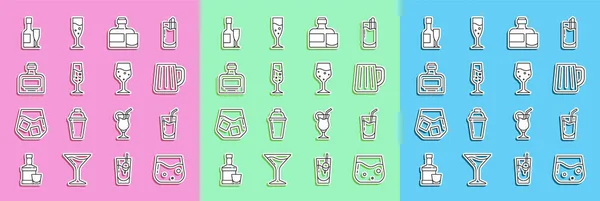 Set line Ποτήρι ουίσκι, cocktail, ξύλινη κούπα μπύρας, μπουκάλι ουίσκι και ποτήρι, σαμπάνια, σαμπάνια και εικονίδιο. Διάνυσμα — Διανυσματικό Αρχείο