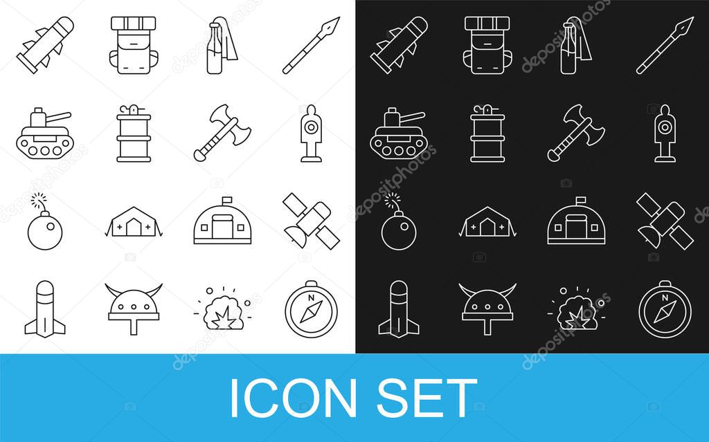 Set line Compass, Satellite, Human target sport for shooting, Cocktail molotov, Hand smoke grenade, Military tank, Rocket and War axe icon. Vector