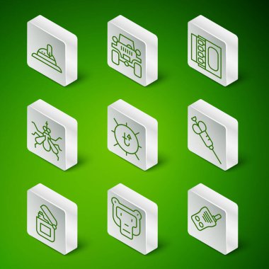 Telsiz hattı, maymun, avcı şapkası, güneş, sivrisinek, off road car, çakmak ve şırınga ikonu. Vektör