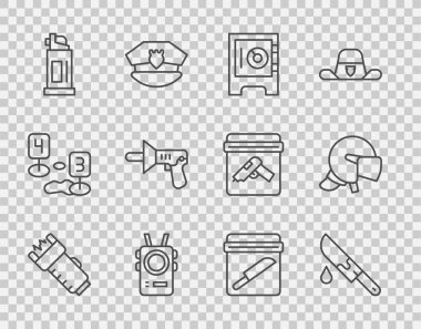 Emniyet şeridi elektrik şoku, kanlı bıçak, kasa, vücut kamerası, biber gazı, megafon, kanıt torbası ve kask ikonu. Vektör