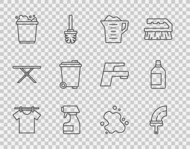 İpi kurulama, cam temizleyicisi, temizlik tozu, temizlik spreyi, köpüklü kova, çöp kovası, su dökülmesi ve şişe temizleme ikonu. Vektör