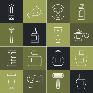 Parfüm, krem ya da losyon kozmetik tüpü, yüz maskesi, makyaj fırçası, bir şişe şampuan ve ikon. Vektör