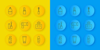 Saç spreyi, maskara fırçası, saç kurutma makinesi, parfüm ve ruj ikonu. Vektör