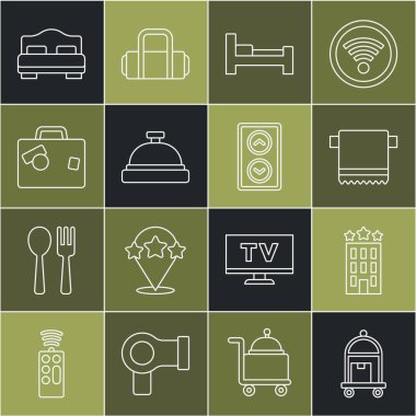Hat Bavulu, Otel Binası, Havlu askıda, oda yatağı, servis zili ve asansör ikonu. Vektör