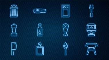 Barbekü ızgarası, Brick sobası, kibrit kutusu ve kibrit kutusu, acı sos, Pepper, tuz, tavuk budu ve biftek ikonu. Vektör