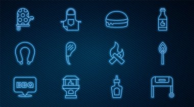 Barbekü ızgarası, yanan kibrit, Burger, Pirzola Bifteği, Sosis, Fırın Eldiveni, Kamp Ateşi ve Mutfak önlüğü. Vektör