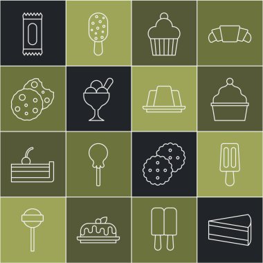 Pasta, dondurma, kek, kase, kurabiye ya da bisküvi, şeker ve jöle ikonu. Vektör