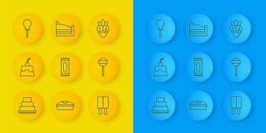 Sabit çizgi pasta, puding, şeker, dondurma, lolipop, çilekli çikolata ve kek ikonu. Vektör