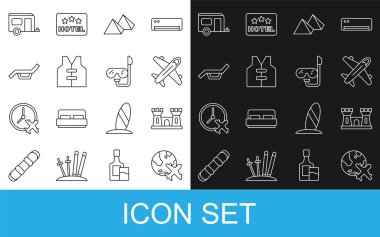 Uçuş uçağı, kumdan kale, uçak, Mısır piramitleri, can yeleği, güneş yatağı şemsiyesi, karavan ve dalış maskesi ikonu ile set hattı. Vektör