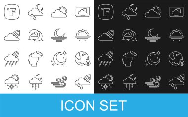 Gökkuşağını bulut ve yağmurla, su damlası yüzdesiyle, gündoğumuyla, havasıyla, konumuyla, bulutlarıyla, Fahrenheit ve Sunset simgesiyle ayarla. Vektör