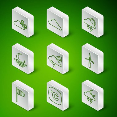 Storm, Celsius, Windy weather, Rainbow with cloud and rain, Sunset, Cloud, Cone wind vane ve türbin ikonu. Vektör