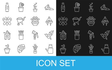 Sabit çizgi sulama kutusu, tropikal yapraklar, bitki asma kabı, egzotik tropikal bitki, çamurlu el arabası, kelebek, bir şişe su ve çiçek vazosu ikonu. Vektör