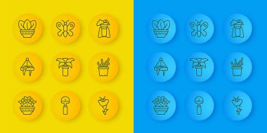 Vazodaki Çiçek, bitki asma kabı, egzotik tropikal bitki ve Kelebek ikonu. Vektör