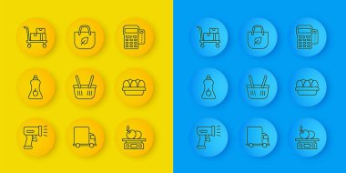 Hat tarayıcı barkod, sos şişesi, alışveriş sepeti, ürün için elektronik terazi, tavuk yumurtası kutusu, el arabası ve kutular, kredi kartı ve torba geri dönüşüm ikonlu POS terminali. Vektör