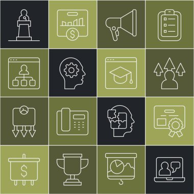 Çevrimiçi eğitim, sertifika şablonu, ön geliştirme, megafon, teçhizatlı insan kafası, konuşmacı ve simge. Vektör