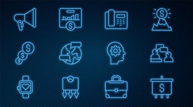 Hattı dolarla ayarla, iki oturan adam konuşuyor, telefon 24 saat destekli, dünya çapında finansal büyüme ve, megafon, insan başlığı ve anahtar performans göstergesi ikonu. Vektör