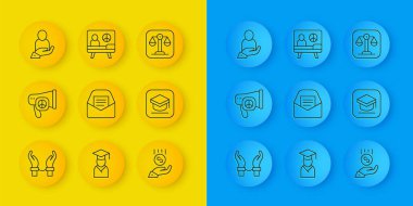 Suçlunun ellerine kelepçe takın, Barış, Posta, Bozuk Para, asgari ücret, mezuniyet kepi, hayat sigortası, adalet ve ikon. Vektör