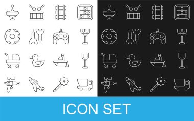 Çizgili oyuncak kamyon, kürek oyuncağı, tırmık, demiryolu, dart oku, futbol topu, Whirligig ve Gamepad ikonu. Vektör