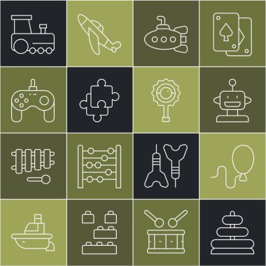 Piramit oyuncakları, Balonlar, Robot, Denizaltı, Bulmaca parçaları, Gamepad, Oyuncak Tren ve Çıngıraklı Bebek ikonu. Vektör