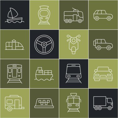 Hat teslimat kamyonu, Car, Off road, Trolleybus, direksiyon, tramvay ve demiryolu, yat yelkenlisi ve Scooter ikonu. Vektör