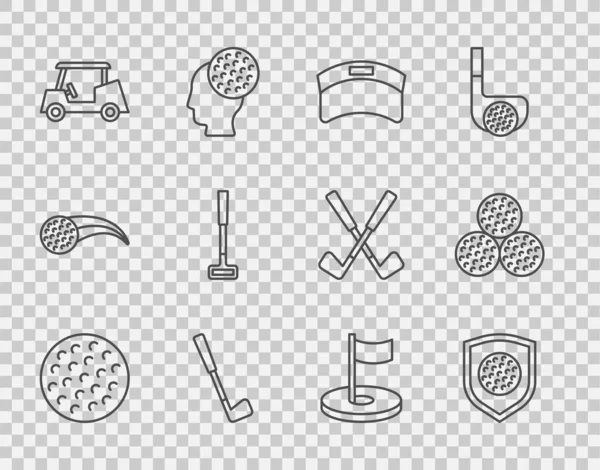 Ορισμός γραμμή Μπάλα γκολφ, με ασπίδα, Sun Visor καπέλο, ρόπαλο, αυτοκίνητο, τρύπα σημαία και εικονίδιο. Διάνυσμα — Διανυσματικό Αρχείο