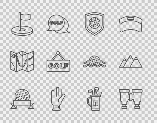 Set line Bola de golf, prismáticos, con escudo, guante, bandera de agujero, etiqueta, palos de bolsa y el icono de las montañas. Vector — Vector de stock