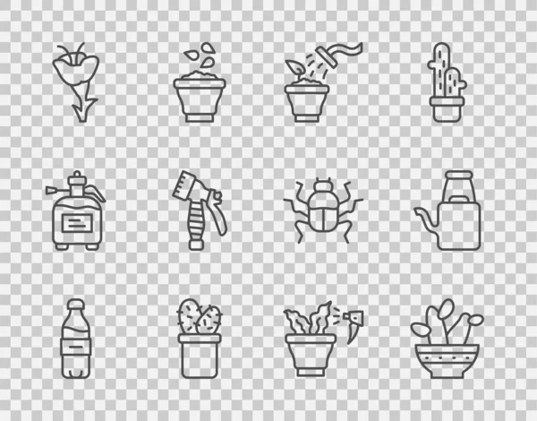 Set lijn Fles water, Cactus peyote in pot, Spuitplant, Bloem, Water spray fles, en gieter icoon. Vector — Stockvector