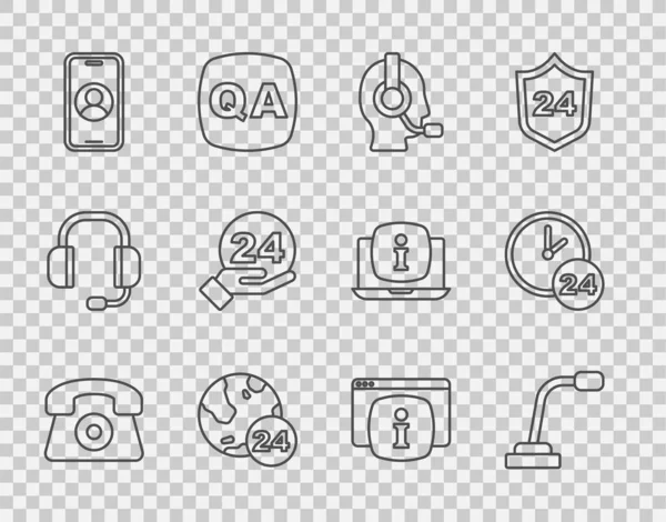 Set lijn Telefoon 24 uur ondersteuning, Microfoon, Man met een headset, Monitor FAQ-informatie en Klok pictogram. Vector — Stockvector