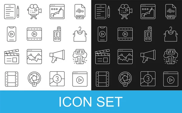 Set line Online play video, VFX, Sleeveless T-shirt, Histogram graph photography, Play Video, Scenario and Light meter icon. Vector — Archivo Imágenes Vectoriales