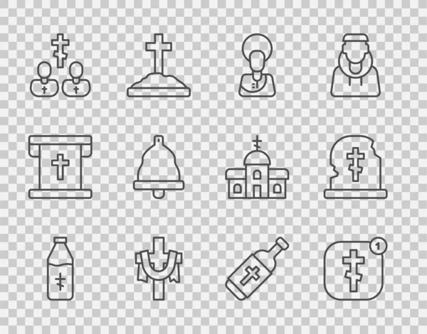 Stel lijn Heilige waterfles, Online kerk prediker, Jezus Christus, christelijk kruis, priester, kerkklok, en graf met grafsteen icoon. Vector — Stockvector
