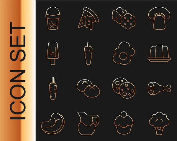 Set lijn Broccoli, Chicken leg, Jelly cake, Cracker biscuit, Hot chili peper, Ice cream, in wafel en roerei icoon. Vector — Stockvector