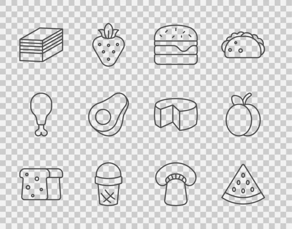 Set line Pan tostado, sandía, hamburguesa, helado en waffle, trozo de pastel, fruta de aguacate, champiñones y ciruelo icono. Vector — Vector de stock