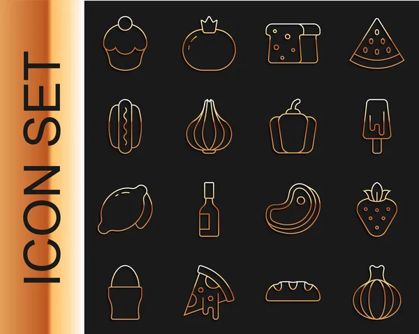 Definir linha Cebola, Morango, Sorvete, Torrada de pão, Alho, Hotdog, Muffin and Bell pepper icon. Vetor — Vetor de Stock