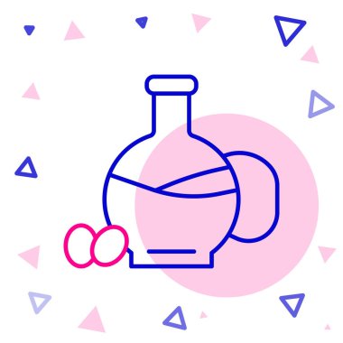 Beyaz arka planda izole edilmiş zeytin yağı ikonu çizgisi. Zeytinyağı ikonlu sürahi. Renkli taslak konsepti. Vektör.